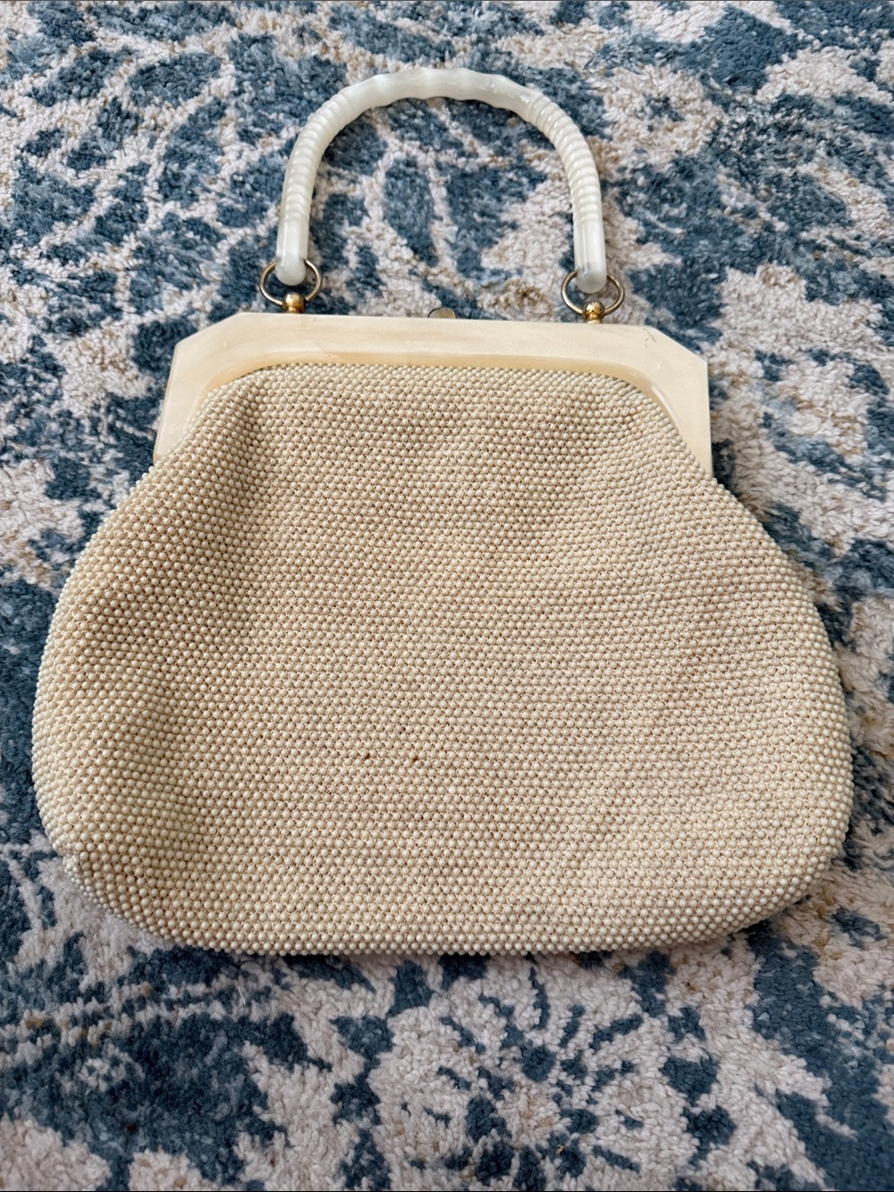 Vintage Laura Made in USA Elegant Cream Beaded Evening Clutch with Lucite Handle